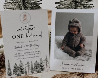 Winter Onederland Birthday Invitation Template, Winter 1st Birthday Invite, Photo Birthday Invitation, Christmas Birthday, Woodland | LINA