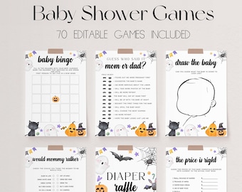 May include: A set of printable Halloween-themed baby shower games. The games include "Baby Bingo", "Guess Who Said It Mom or Dad?", "Draw the Baby", "Would Mommy Rather", "Diaper Raffle", and "The Price is Right".