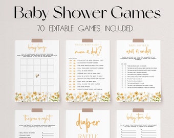 May include: A set of printable baby shower game cards with a floral theme. The games include "Baby Bingo", "Guess Who Said It: Mom or Dad?", "Baby Shower Over or Under", "The Price is Right", "Diaper Raffle", and "Baby Item ABC".