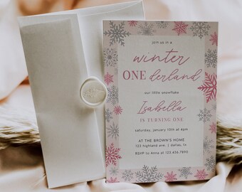 Plantilla de invitación de cumpleaños de Winter Onederland, invitación de 1er cumpleaños de Girl Winter Wonderland, primera fiesta de cumpleaños de copo de nieve rosa / NIEVE