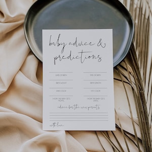 Moderne babyvoorspellingen en advieskaartsjabloon, minimalistische babyshower, babyshowerspel, doe-het-babyadvies, babyvoorspellingskaarten | ELEGANTIE