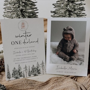 Winter Onederland Birthday Invitation Template, Winter 1st Birthday Invite, Photo Birthday Invitation, Christmas Birthday, Woodland | LINA