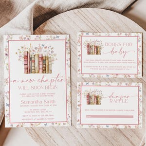Set di modelli per inviti per baby shower a tema libro di fiabe, invito per baby shower "Un nuovo capitolo inizia", invito per baby shower a tema libro vintage floreale / LIBRO