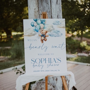 Bear Baby Shower Welcome Sign, We Can Bearly Wait Baby Shower Welcome Poster, Blue Bear Welcome Sign, Bear Balloon Baby Shower Sign | BEAR