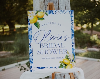 Plantilla de signo de bienvenida de despedida de soltera de limón de azulejos azules, cartel de bienvenida de despedida de soltera de apretón principal, cartel de signo de bienvenida mediterráneo / GIA