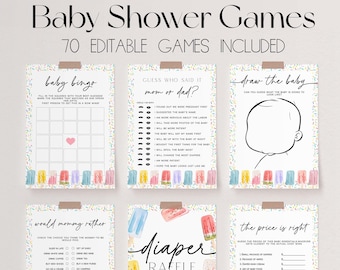 Può includere: Un set di giochi per baby shower stampabili a tema ghiacciolo. I giochi includono baby bingo, indovina chi l'ha detto, disegna il bambino, cosa preferirebbe la mamma, lotteria dei pannolini e il prezzo giusto. I giochi sono decorati con ghiaccioli colorati e confettini.