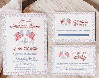 All American Baby Shower Invitation Template Set, 4th of July Baby Shower Invitation, Summer Patriotic Baby Shower Invite, Made in USA | USA