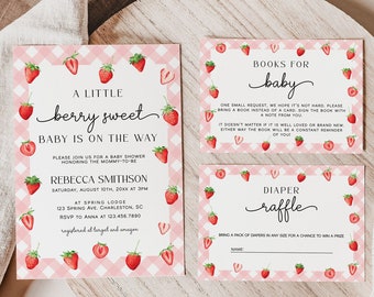 Strawberry Baby Shower Invitation Set Template, Berry Sweet Baby on the Way Invite, Berry Sweet Invitation, Berry Baby Shower Bundle | BERRY