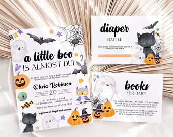 May include: Halloween themed baby shower invitation with a black cat, ghost, owl, and pumpkins. The invitation reads "a little boo is almost due" and includes the date and time of the shower. There are also two cards for a diaper raffle and a book request for the baby.