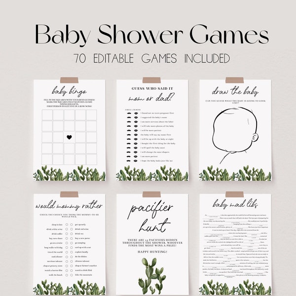 70 Baby Shower Games, Cactus Baby Shower Game Bundle, Desert Baby Shower Bundle, Editable Baby Party Games, Boho Neutral Baby Shower | BELLA