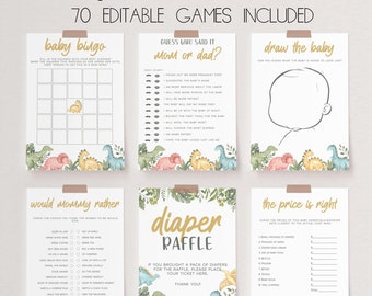 May include: A set of printable baby shower games featuring a dinosaur theme. The games include baby bingo, guess who said it, draw the baby, would mommy rather, diaper raffle, and the price is right.
