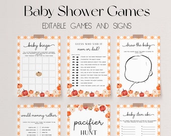 May include: Printable baby shower game cards with a fall theme. The cards feature a pumpkin design and include games like "Baby Bingo", "Guess Who Said It: Mom or Dad?", "Draw the Baby", "Would Mommy Rather", "Pacifier Hunt", and "Baby Item ABC".