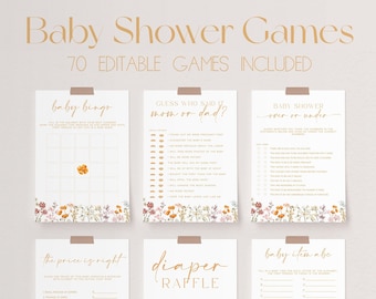 May include: A set of printable baby shower game cards with floral borders. The games include "Baby Bingo", "Guess Who Said It Mom or Dad?", "Baby Shower Over or Under", "The Price is Right", "Diaper Raffle", and "Baby Item Bingo".