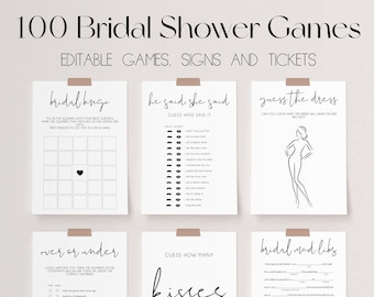 100 Minimalist Bridal Shower Games, Editable Bridal Shower Game Bundle, Wedding Shower Games, Bridal Shower Bundle, Bridal Party Game |SARAH