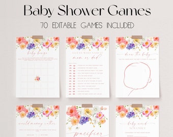 May include: A set of printable baby shower games with floral borders. The games include baby bingo, guess who said it mom or dad, draw the baby, would mommy rather, pacifier hunt, and baby word scramble.
