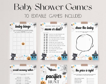 Op de afbeelding: Een set met printbare babyborrelspellen met een Halloween-thema. De spellen omvatten "Baby Bingo", "Raad wie het zei Mama of Papa?", "Teken de baby", "Wat zou mama liever?", "Speenjacht" en "De prijs is goed".