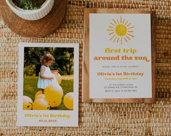 First Trip Around the Sun Birthday Invitation Template, Sun First Birthday, Sunshine 1st Birthday Invite, Our Little Sunshine Birthday | SUN