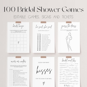 100 Bridal Shower Games, Editable Bridal Shower Game Bundle, Minimalist Wedding Shower Games, Bridal Shower Bundle, Bridal Party Game |GRACE
