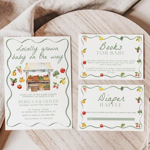 Lokal gewachsene Babypartyeinladungs-Schablonen-Schablonen, Bauernmarkt-Babypartyeinladung, gewachsen mit Liebe-Babypartyeinladen | MARKT