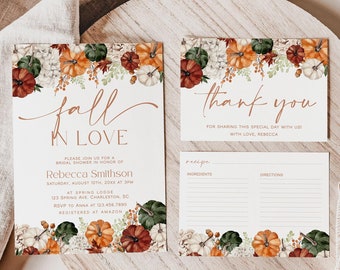 Fall in Love Bridal Shower Invitation Set Template, Fall Pumpkin Bridal Shower Invitation, Thank You, Recipe Card | MAPLE