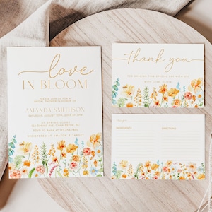 Wildflower Bridal Shower Invitation Set Template, Boho Bridal Shower Invitation, Love in Bloom Bridal Shower, Thank You, Recipe Card | ZOEY