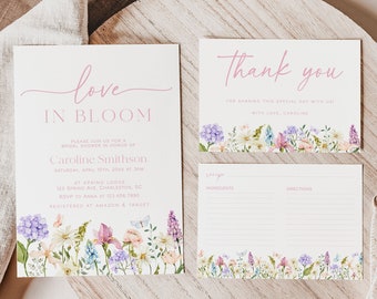 Wildflower Bridal Shower Invitation Set Template, Butterfly Bridal Shower Invite, Love in Bloom Bridal Shower, Thank You, Recipe Card | MILA