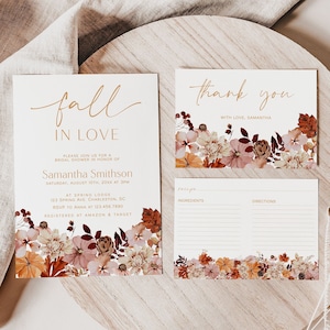 Fallen in der Liebe Brautdusche Einladung Set Vorlage, Herbst Boho Brautdusche Einladung, Herbst Brautdusche, Danke, Rezept-Karte | HERBST