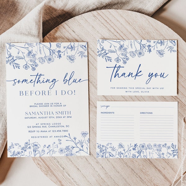 Something Blue Bridal Shower Invitation Set Template, Vintage Floral Bridal Shower Invitation, Thank You, Recipe Card | LIV