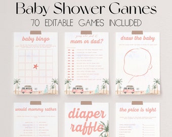 70 Baby Shower Games, Baby on Board Baby Shower Game Bundle, Pink Surf Beach Baby Shower Bundle, Baby Party Games, Summer Baby Games | SURF