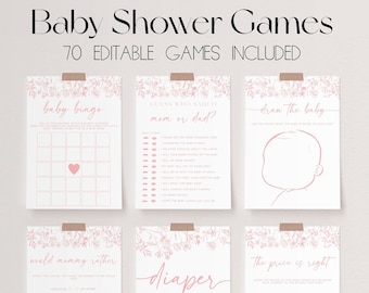 May include: A set of printable baby shower games with pink floral borders. The games include "Baby Bingo", "Guess Who Said It: Mom or Dad?", "Draw the Baby", "Would Mommy Rather", "Diaper Raffle", and "The Price is Right".