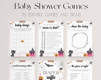May include: Printable Halloween-themed baby shower game cards with pink and black accents. The games include "Baby Bingo", "Guess Who Said It Mom or Dad?", "Draw the Baby", "Would Mommy Rather", "Diaper Raffle", and "The Price is Right".