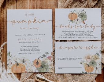 Little Pumpkin Baby Shower Invitation Template Set, Fall Baby Shower Invitation, Autumn Leaves Baby Shower Invite, Rustic Baby Shower |HAZEL