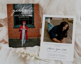 Tarjeta de anuncio de graduación, plantilla de invitación a la fiesta de graduación, invitación de graduación editable, invitación de graduación fotográfica / CLAIRE