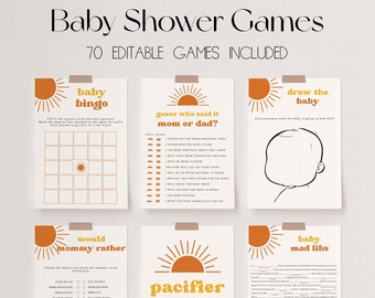 70 Baby Shower Games, Sun Baby Shower Game Bundle, Here Comes the Son Baby Shower Bundle, Baby Party Games, Boho Sun Shower Games | SUNNY