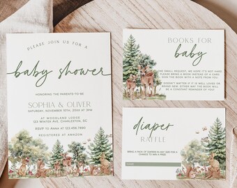 Woodland Baby Shower Invitation Template Set, Woodland Animals Baby Shower Invitation, Forest Friends Baby Shower Invite | DEER