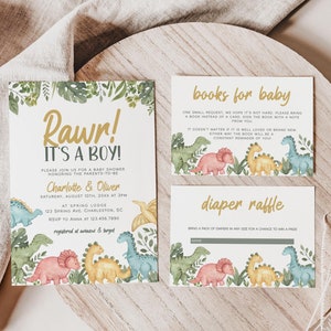 Zestaw szablonów zaproszeń na baby shower z motywem dinozaura, zaproszenie na baby shower z motywem dinozaura, zaproszenie na baby shower Rawr It's a Boy | DINO