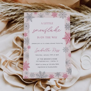 Winter Baby Shower Invitation Template, Snowflake Baby Shower Invite, A Little Snowflake is on the Way Baby Shower, Girl Baby Shower | SNOW