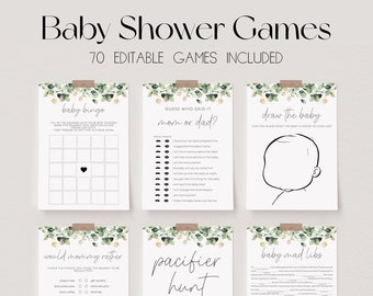 70 Baby Shower Games, Editable Baby Shower Game Bundle, Greenery Baby Shower Bundle, Printable Baby Party Games, Neutral Baby Shower | RAE