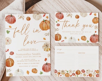 Fall in Love Bridal Shower Invitation Set Template, Fall Pumpkin Bridal Shower Invitation, Thank You, Recipe Card | CORA