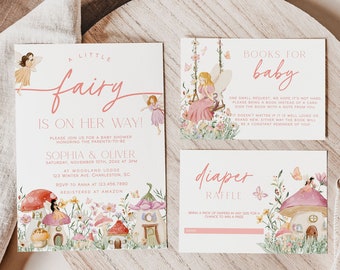 May include: A set of three baby shower invitations with a fairy theme. The invitations are decorated with pink and green watercolor illustrations of fairies, mushrooms, and flowers. The text on the invitations reads "A Little Fairy Is On Her Way!" and "Books for Baby" and "Diaper Raffle".