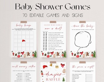 Puede incluir: Un conjunto de juegos imprimibles para baby shower con un tema navideño festivo. Los juegos incluyen bingo, juegos de adivinanzas y una rifa de pañales. Los diseños presentan hombres de jengibre, muñecos de nieve y decoraciones navideñas.