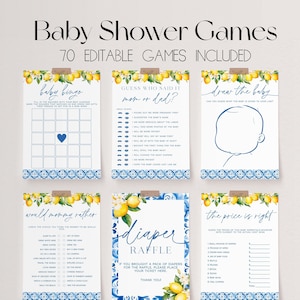 70 Baby Shower Games, Mediterranean Lemon Baby Shower Game Bundle, Italian Blue Tiles Baby Shower Bundle, Citrus Baby Party Game | GIA