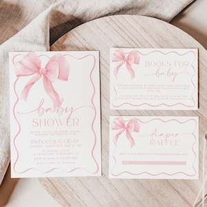 Roze strik babyshower uitnodiging sjabloonset, roze coquette babyshower uitnodiging, pastelroze babyshower uitnodiging | strik