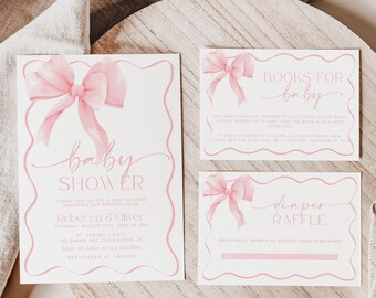 Pink Bow Baby Shower Invitation Template Set, Pink Coquette Baby Shower Invitation, Pastel Pink Baby Shower Invite | BOW