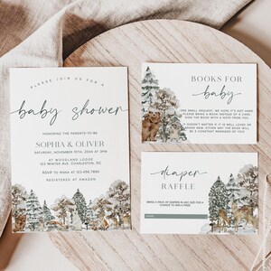 Wald Baby Shower Einladung Vorlage Set, Winter Wald Baby Shower Einladung, Wald Bergtiere Baby Shower Invite | ZAUBERER