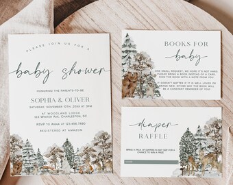 Woodland Baby Shower Invitation Template Set, Winter Woodland Baby Shower Invitation, Forest Mountain Animals Baby Shower Invite | WREN