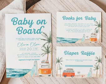 May include: A set of three baby shower invitations with a beach theme. The invitations feature a vintage van with surfboards on top, palm trees, and a watercolor ocean background. The text on the invitations reads "Baby on Board", "Books for Baby", and "Diaper Raffle".