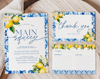 Main Squeeze Bridal Shower Invitation Set Template, Mediterranean Lemon Bridal Shower Invitation, Italian Blue Tiles Bridal Shower | GIA