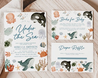 Under the Sea Baby Shower Invitation Set, Ocean Animals Invite | OCEAN