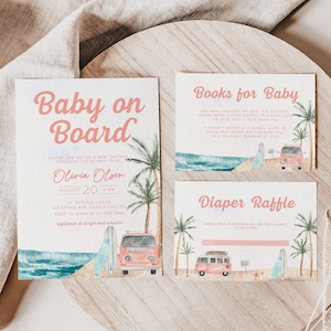 Baby on Board Babypartyeinladungs-Vorlagen-Set, Rosa Surf-Strand-Babypartyeinladung, Sommer-Babypartyeinladung, Surf-Babyparty |SURF